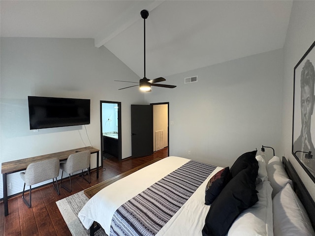3244 Poe Dr, Montgomery, TX 77356 - bedroom featuring beam ceiling, hardwood / wood-style floors, ceiling fan, and high vaulted ceiling