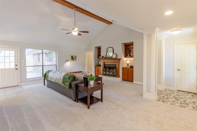 214 Balsam St, Lake Jackson, TX 77566 - living room with light carpet, a ceiling fan, a fireplace with raised hearth, and recessed lighting