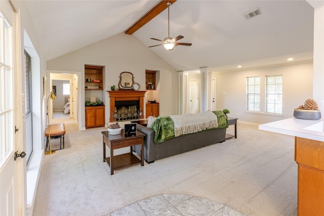 214 Balsam St, Lake Jackson, TX 77566 - bedroom featuring light carpet, a fireplace with raised hearth, recessed lighting, and ceiling fan