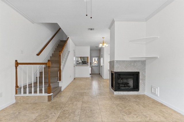 2930 Grants Lake Blvd Unit 2404, Sugar Land, TX 77479 - unfurnished living room featuring stairs, a multi sided fireplace, and crown molding