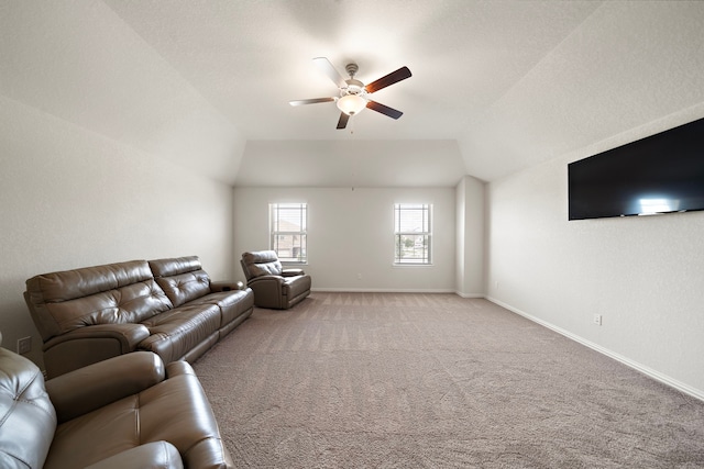 6406 Shadowbrook Hollow Trl, Katy, TX 77493 - living room with a ceiling fan, light carpet, and lofted ceiling