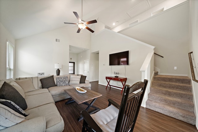 6406 Shadowbrook Hollow Trl, Katy, TX 77493 - living room featuring high vaulted ceiling, ceiling fan, wood finished floors, and healthy amount of natural light