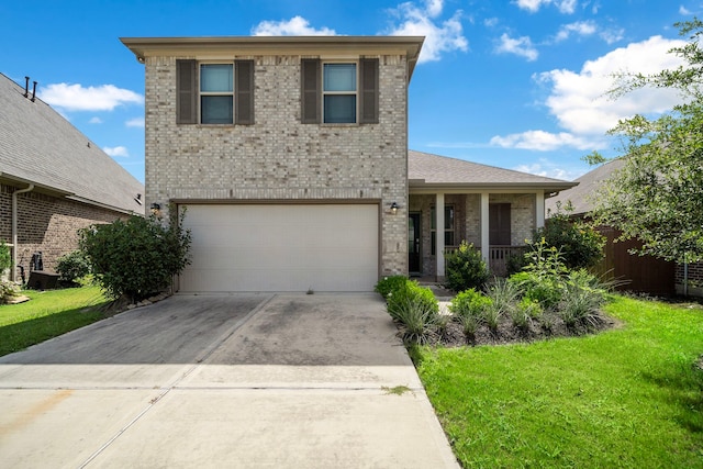 6406 Shadowbrook Hollow Trl, Katy, TX 77493 - traditional-style home with brick siding, a front lawn, concrete driveway, and a garage