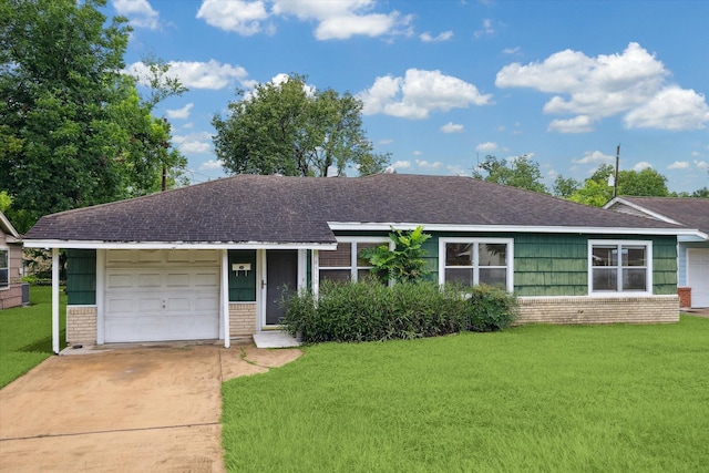 8510 Montridge Dr, Houston, TX 77055 - ranch-style home featuring brick siding, a front yard, a garage, driveway, and a shingled roof