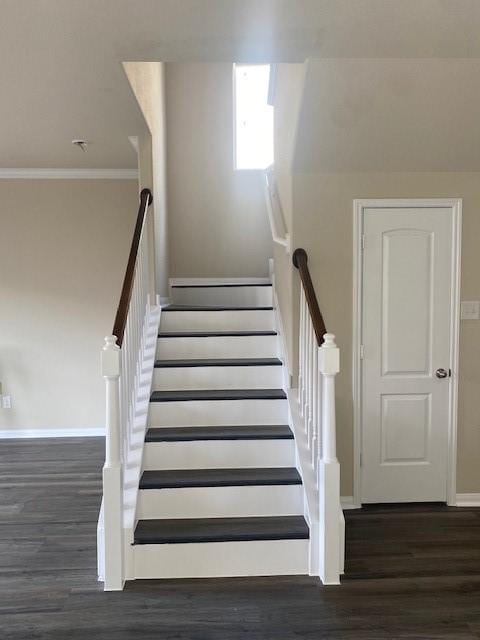 16707 Libson Falls Dr, Houston, TX 77095 - staircase with wood finished floors and crown molding