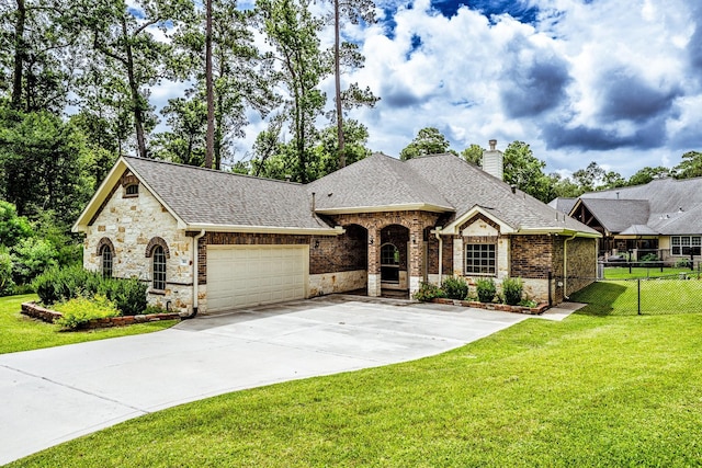104 Drexal Dr, Huntsville, TX 77340 - french country style house with stone siding, an attached garage, a chimney, and a shingled roof
