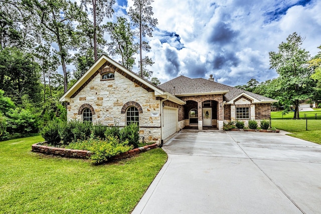 104 Drexal Dr, Huntsville, TX 77340 - french country inspired facade with an attached garage, concrete driveway, a front yard, stone siding, and a shingled roof
