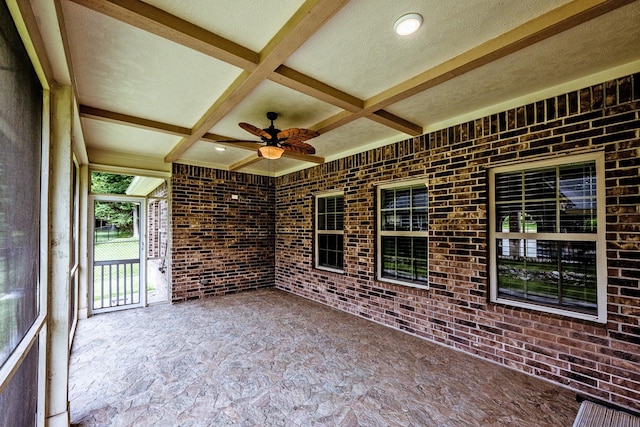 104 Drexal Dr, Huntsville, TX 77340 - unfurnished sunroom with beamed ceiling, ceiling fan, and coffered ceiling