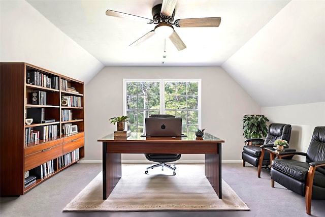 387 Hackberry Dr, Onalaska, TX 77360 - office space with carpet flooring, ceiling fan, and lofted ceiling