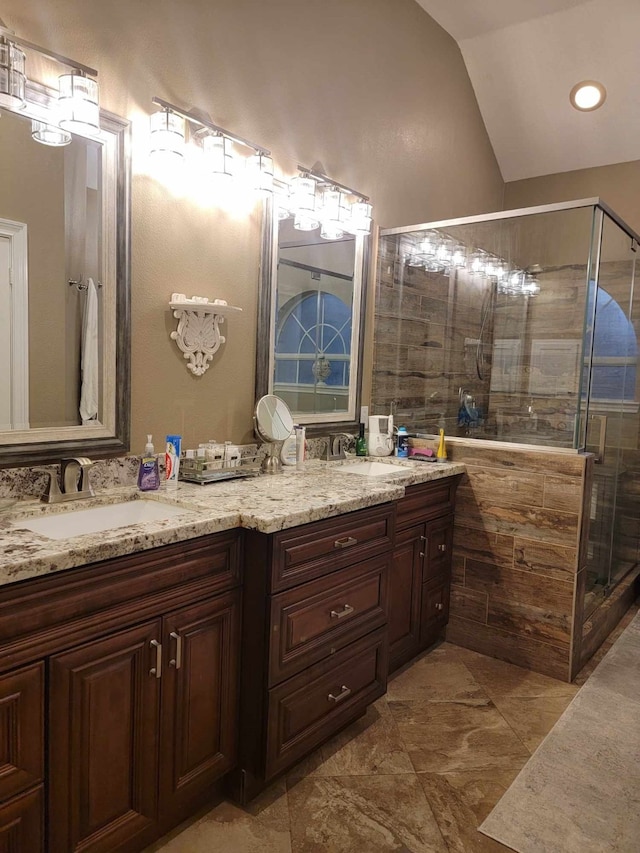 7922 Scenic Canyon Ln W, Houston, TX 77095 - full bath featuring double vanity, lofted ceiling, and a shower stall