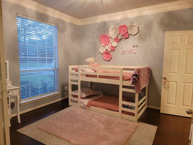 7922 Scenic Canyon Ln W, Houston, TX 77095 - bedroom with hardwood / wood-style flooring, ornamental molding, wallpapered walls, and a textured ceiling