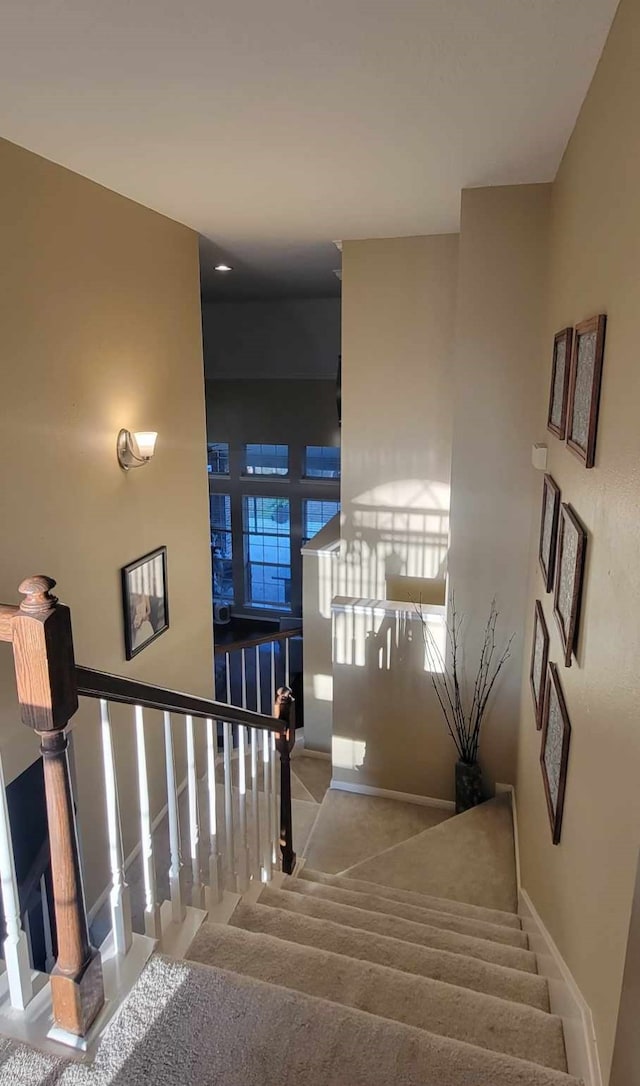 7922 Scenic Canyon Ln W, Houston, TX 77095 - stairway featuring carpet and baseboards