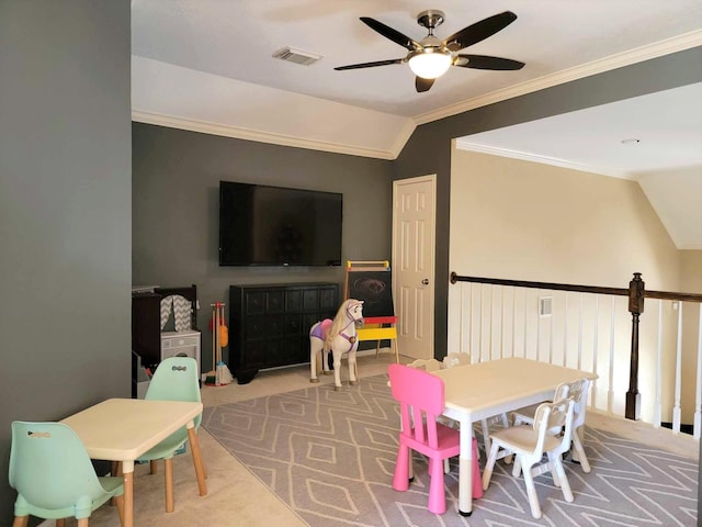 7922 Scenic Canyon Ln W, Houston, TX 77095 - playroom with lofted ceiling, ceiling fan, crown molding, and carpet floors