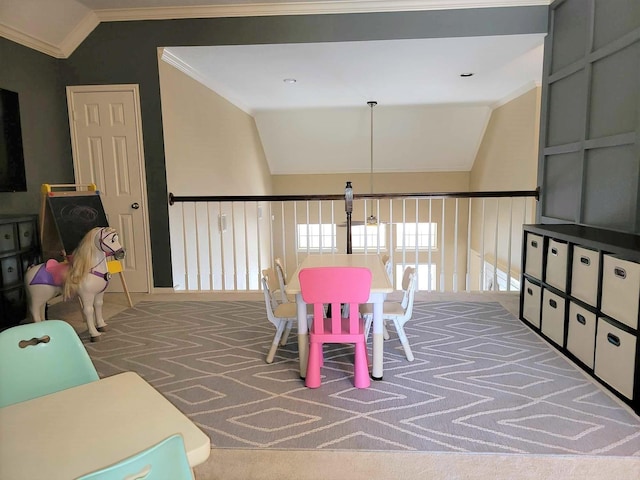 7922 Scenic Canyon Ln W, Houston, TX 77095 - recreation room with vaulted ceiling, crown molding, and carpet flooring
