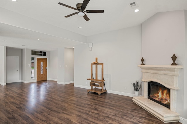 23826 Spring Dane Dr, Spring, TX 77373 - unfurnished living room with wood finished floors, a high end fireplace, ceiling fan, and recessed lighting
