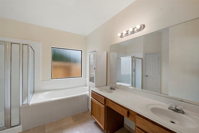23826 Spring Dane Dr, Spring, TX 77373 - bathroom featuring a shower stall, a bath, double vanity, and tile patterned floors