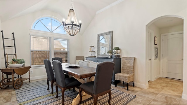 15314 Icet Creek Ave, Mont Belvieu, TX 77523 - dining area with arched walkways, a chandelier, vaulted ceiling, healthy amount of natural light, and light tile patterned floors