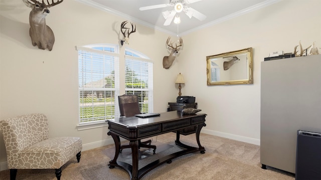 15314 Icet Creek Ave, Mont Belvieu, TX 77523 - office with light carpet, ornamental molding, and ceiling fan