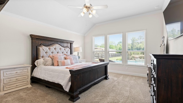 15314 Icet Creek Ave, Mont Belvieu, TX 77523 - bedroom featuring light carpet, vaulted ceiling, ornamental molding, and a ceiling fan