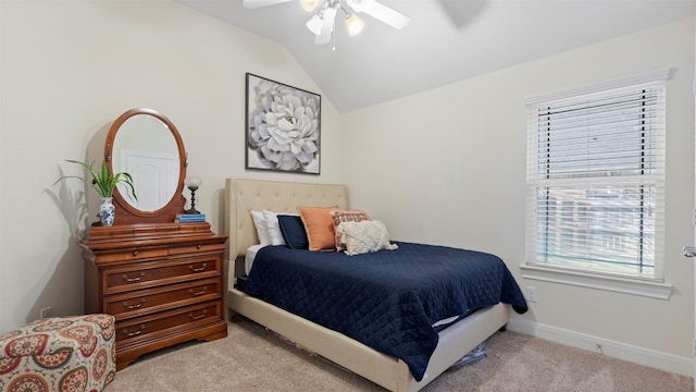 15314 Icet Creek Ave, Mont Belvieu, TX 77523 - bedroom with light carpet, lofted ceiling, and a ceiling fan