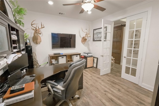 20503 Montecrest Cir, Spring, TX 77379 - office area featuring french doors, ornamental molding, ceiling fan, wood finished floors, and recessed lighting