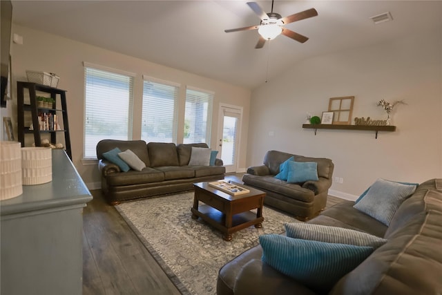 20503 Montecrest Cir, Spring, TX 77379 - living area featuring plenty of natural light, ceiling fan, vaulted ceiling, and dark wood-type flooring