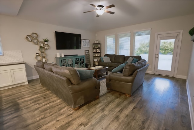 20503 Montecrest Cir, Spring, TX 77379 - living area featuring a ceiling fan, healthy amount of natural light, and dark wood finished floors
