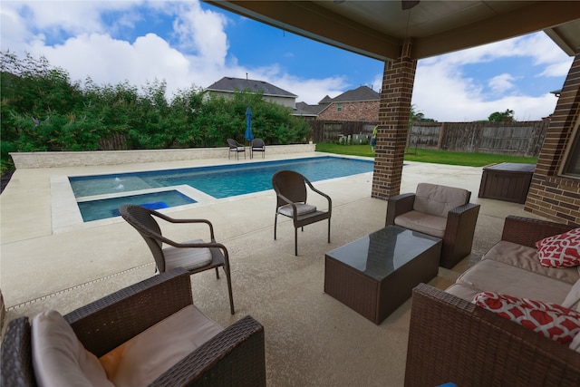 20503 Montecrest Cir, Spring, TX 77379 - view of swimming pool featuring a fenced backyard, a patio, a ceiling fan, an in-ground hot tub, and an outdoor hangout area
