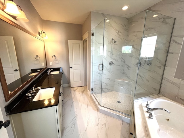 517 Fowler St, Houston, TX 77007 - full bath with a whirlpool tub, marble finish flooring, a marble finish shower, vanity, and recessed lighting