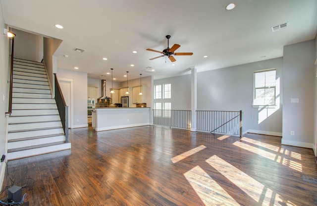 517 Fowler St, Houston, TX 77007 - unfurnished living room featuring ceiling fan, dark wood-type flooring, and recessed lighting
