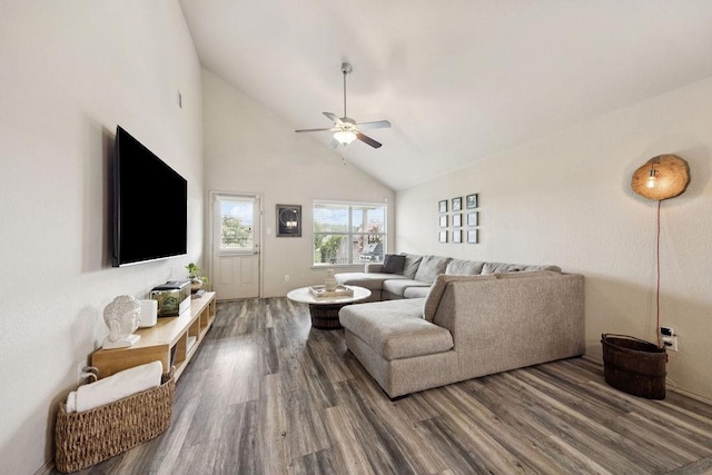 9618 Paloma Creek Dr, Tomball, TX 77375 - living area with wood finished floors, high vaulted ceiling, and a ceiling fan