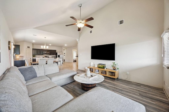 9618 Paloma Creek Dr, Tomball, TX 77375 - living area featuring a ceiling fan, a chandelier, wood finished floors, recessed lighting, and high vaulted ceiling