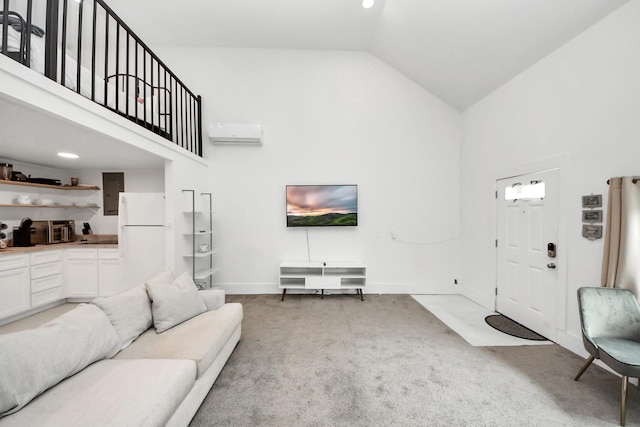 10747 Dulcimer St, Houston, TX 77051 - living area featuring high vaulted ceiling, light carpet, and an AC wall unit