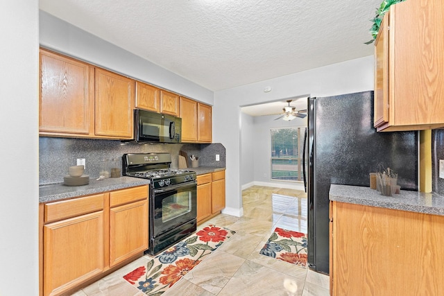 11622 Silent Elm St, Houston, TX 77044 - kitchen featuring black appliances, backsplash, a ceiling fan, and a textured ceiling