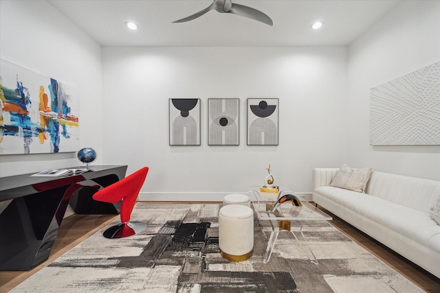 507 W Bell, Houston, TX 77019 - living room with wood finished floors, a ceiling fan, and recessed lighting