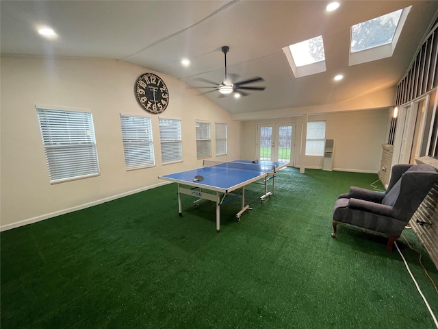 12834 Tosca Ln, Houston, TX 77024 - playroom with lofted ceiling, carpet, french doors, recessed lighting, and a ceiling fan