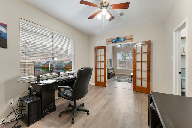 3202 Stoneydale Ln, Spring, TX 77388 - office with french doors, a ceiling fan, and light wood-type flooring