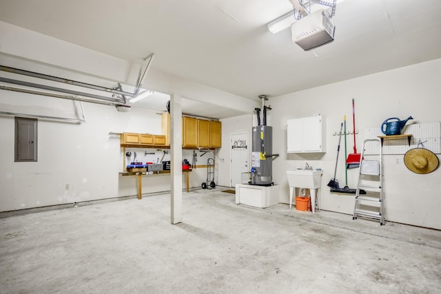 16407 Bogan Flats Ct, Houston, TX 77095 - garage featuring gas water heater, electric panel, a garage door opener, and a workshop area