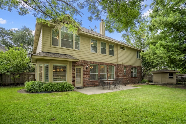 16407 Bogan Flats Ct, Houston, TX 77095 - rear view of house featuring a chimney, a shed, a patio, a fenced backyard, and brick siding