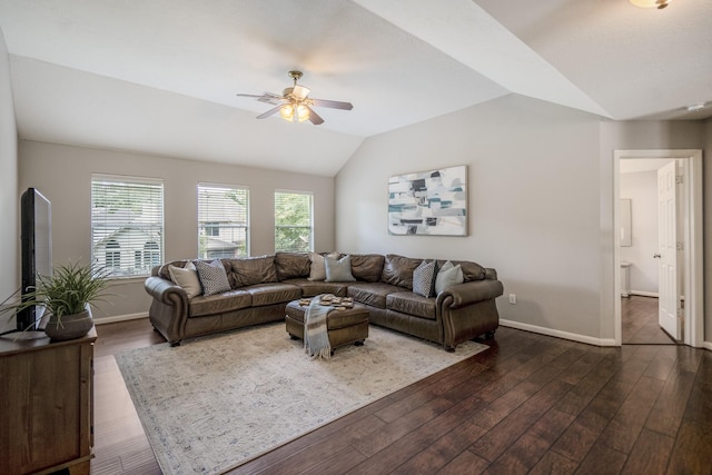 16407 Bogan Flats Ct, Houston, TX 77095 - living area with ceiling fan, lofted ceiling, and dark wood finished floors