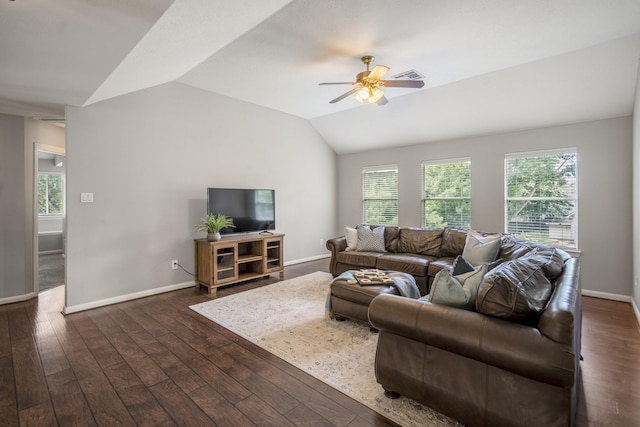 16407 Bogan Flats Ct, Houston, TX 77095 - living room with lofted ceiling, dark wood-style floors, and a ceiling fan