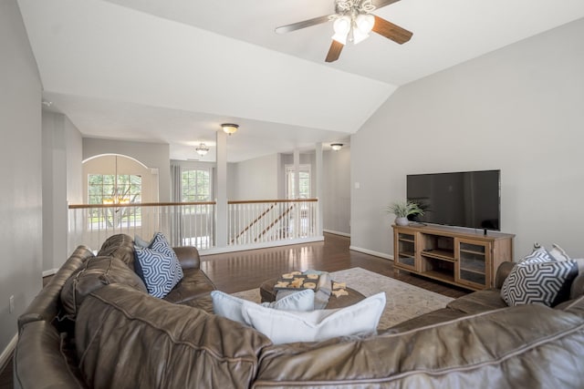 16407 Bogan Flats Ct, Houston, TX 77095 - living room featuring ceiling fan, wood finished floors, and vaulted ceiling