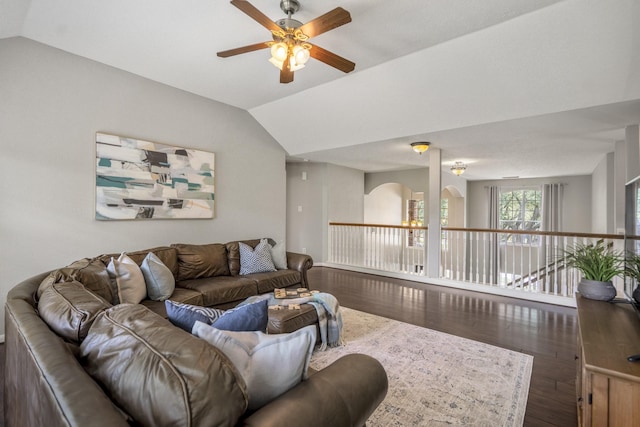 16407 Bogan Flats Ct, Houston, TX 77095 - living area with ceiling fan, hardwood / wood-style floors, lofted ceiling, and arched walkways