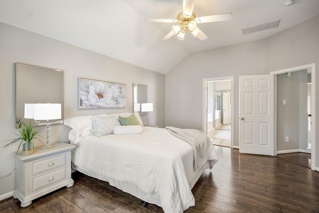 16407 Bogan Flats Ct, Houston, TX 77095 - bedroom with lofted ceiling, dark wood-style floors, connected bathroom, and ceiling fan