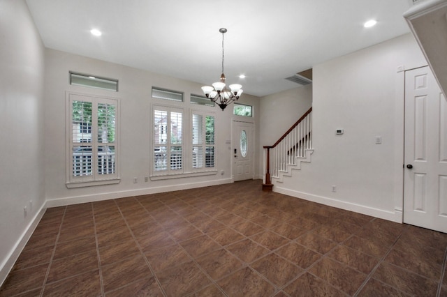 4734 Cashel Glen Dr, Houston, TX 77069 - entryway featuring a chandelier, stairway, recessed lighting, and dark tile patterned floors