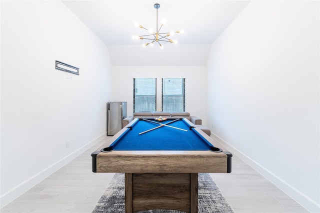 14811 Opossum Branch Ct, Cypress, TX 77433 - game room featuring a chandelier, pool table, wood finished floors, and vaulted ceiling