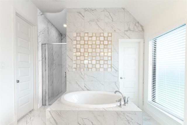 14811 Opossum Branch Ct, Cypress, TX 77433 - full bathroom featuring a garden tub, a marble finish shower, and marble look tiles