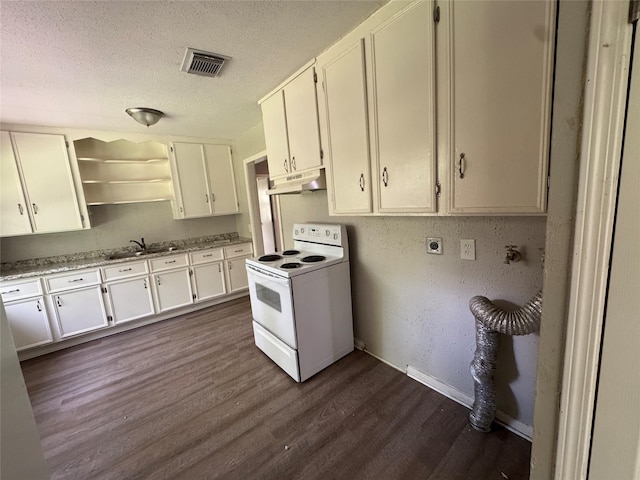 2222 8th St, Houston, TX 77547 - kitchen featuring white range with electric cooktop, under cabinet range hood, dark wood-style flooring, a textured ceiling, and open shelves