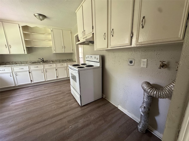 2222 8th St, Houston, TX 77547 - kitchen featuring white electric stove, under cabinet range hood, dark wood-style floors, open shelves, and white cabinetry