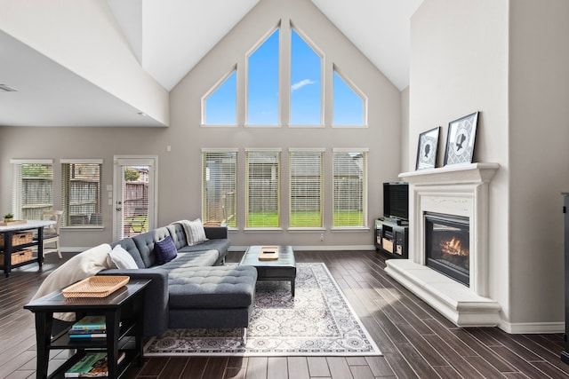 6303 Grand Drift Ct, Katy, TX 77494 - living room with dark wood-style floors, a glass covered fireplace, and high vaulted ceiling